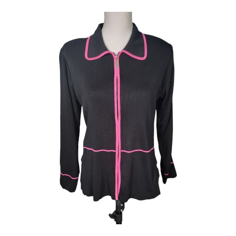 Exclusively Misook Jacket Small Black with Hot Pink Trim Full Zip Long Sleeve